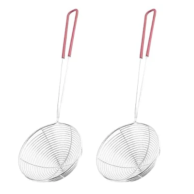 Immagine di Cucchiaio di schiuma, 2 pezzi colino Spider Skimmer, scolapasta in acciaio inox, mestolo rete con manico lungo e foro per appendere la cottura frittura, filtro Skims Fat Scum