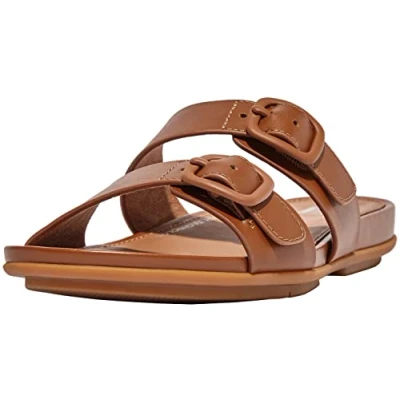 Immagine di Fitflop Gracie Fibbia in Gomma Due Barre Slide Pelle, Sandali Bassi Donna, Marrone Chiaro, 41 EU