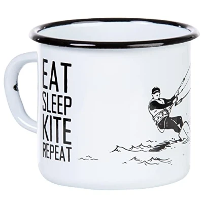 Immagine di MUGSY tazza smaltata Eat Sleep kite Repeat, motivo surfing, smaltata, attrezzatura esterna, 330 ml, caffè