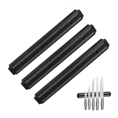 Immagine di Relaxdays Set da 3 Barra Magnetica, Striscia Lunga 33 cm, Appendi Utensili e Coltelli Acciaio Inox, Guida a Parete, Nero