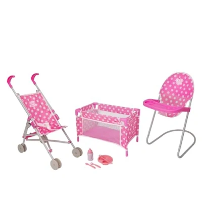 Immagine di HTI Dolly Tots Junior Nursery Playset set da gioco per bambole 7 pezzi, seggiolone bambole, di alimentazione riutilizzabile, passeggino e lettino Accessori carrozzine, passeggini