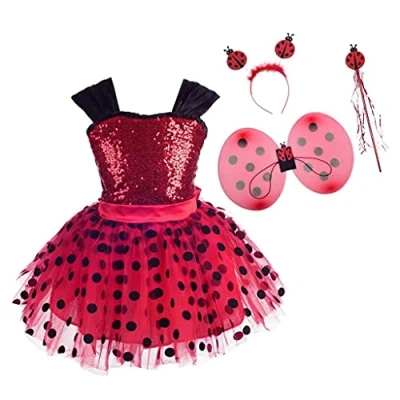 Immagine di Lito Angels Vestito da Ladybug Coccinella con Ali e Accessori per Bambina, Gonna Tutu in Tulle Rosso a Pois, Taglia 4 5 Anni