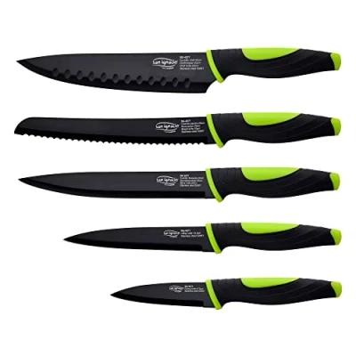 Immagine di San Ignacio Agros Gioco di 5 coltelli in acciaio inossidabile Foglio con cappotto anti enieder coltello da chef a affetto pane multiuso pelaro