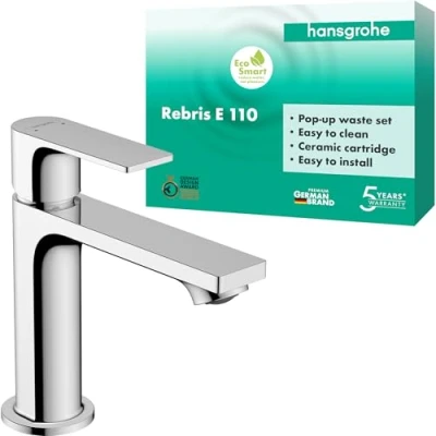 Immagine di hansgrohe Rebris E miscelatore per lavabo, rubinetto bagno con altezza bocca 110 mm, scarico a tirante, risparmio d&#039;acqua, cromo