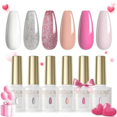 Immagine di ROSALIND Smalti Semipermanenti per Unghie primavera estate,Bianco Nude Rosa Chiaro Glitter Argento 6 Colori Soak Off UV LED Smalto Semipermanente Valentino
