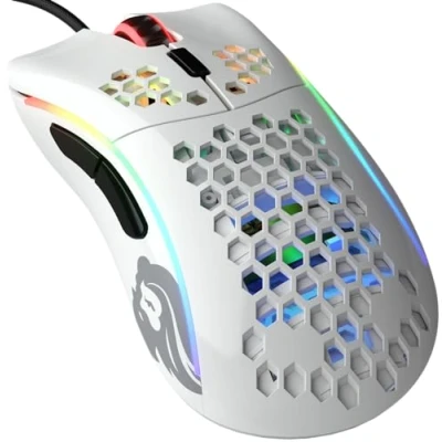 Immagine di Glorious gaming Model D (Piccolo) Mouse da wired Superleggero 61 g, a nido d&#039;ape, RGB, ergonom., sensore Pixart 3360, Omron Switches, piedini in PTFE, 6 tasti Bianco lucido