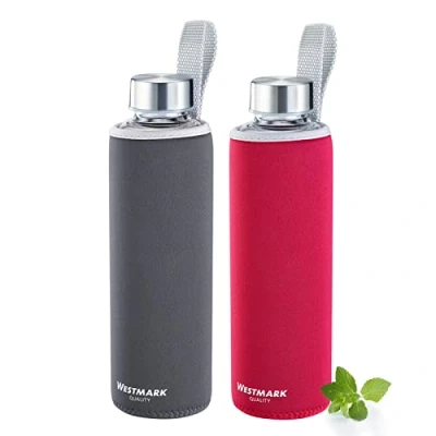 Immagine di Westmark 527222E8 Set di 2 bottiglie in vetro con stampa, 1 custodia protettiva, 550 ml, vetro/silicone/gomma, senza BPA, Viva, rosso/antracite/argento/trasparente, 52722E8