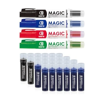 Immagine di ESENG® Set di 28 Pennarelli Cancellabili a Secco per lavagna bianca, pacchetto incl. MAGIC WM 218 (1X4 colori) e 218T Cartucce d&#039;inchiostro (2X6 Nero + 2X6 Blu)
