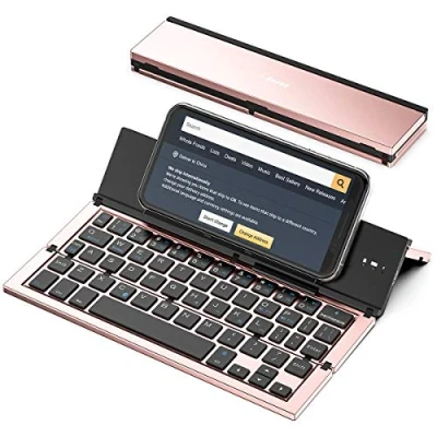 Immagine di booxi Geyes tastiera Bluetooth pieghevole, mini wireless, ricaricabile USB, wireless per iOS, Android, Windows, tablet, PC, laptop, smartphone (oro rosa)