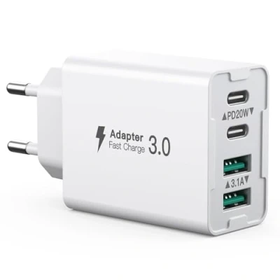Immagine di caricatore USB C da 40W, multiplo a 4 porte con e A, parete doppia porta PD+QC compatibile iPhone 15/14/13/12/Pro Max/XS/XR/Samsung/Tablet