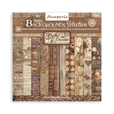 Immagine di Stamperia 10 fogli per album di ritagli, 30,5 x cm (12&quot; 12&quot;) Maxi Background selection Caffè e cioccolato