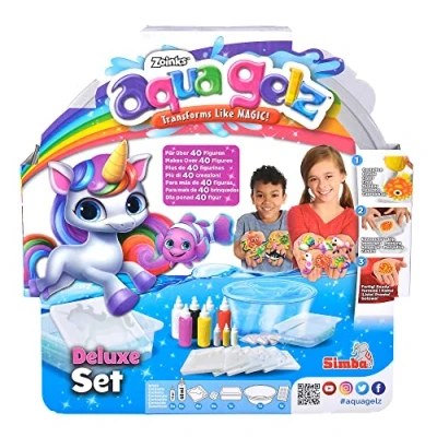 Immagine di Simba Aqua Gelz Deluxe 106322563 Set creativo con 9 bottiglie di gel colorato, 6 forme, x accessori per acqua, Glow in the dark e glitter, a partire da 8 anni