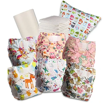 Immagine di Littles &amp; Bloomz pannolini riutilizzabili per bambini, con gancio e anello standard, 6 + inserti, 1 fodera in bambù usa getta, borsa bagnata, 603VM6