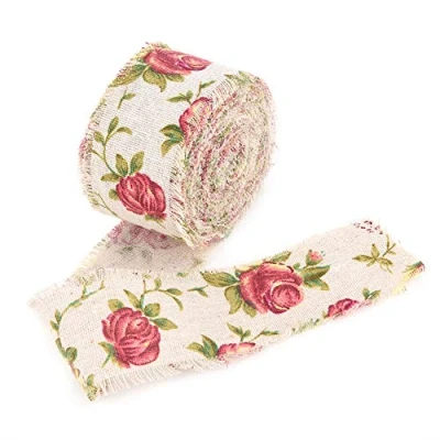 Immagine di nastro di tela iuta stampato fai da te con fiori rosa, per decorazioni feste nozze e la casa, lunghezza 11 m, larghezza 5 cm