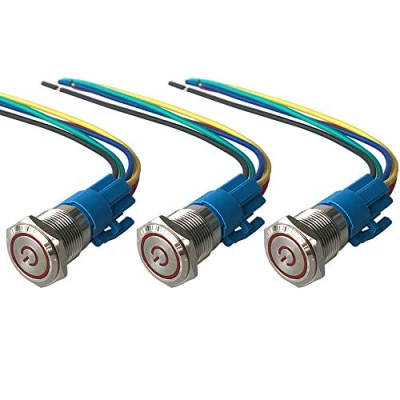 Immagine di QitinDasen 3Pcs Premium 12V / 24V 5A Interruttore a Pulsante Autobloccante, 16mm in Metallo con LED Rosso, Avviamento Auto Acciaio Inossidabile impermeabile