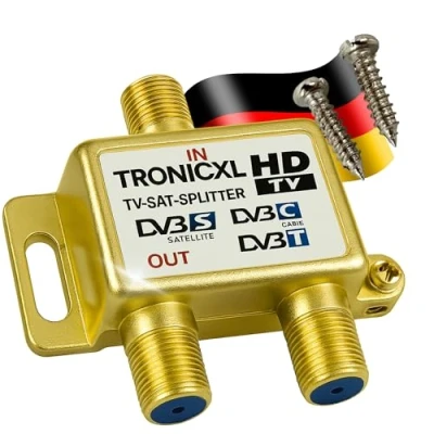 Immagine di TronicXL Distributore per antenna TV/TV satellitare DVB T2 DVBC, a 2 prese, presa F (ad es. televisione via cavo, Unitymedia, Sky, Vodafone, Unicable), compatibile con HD, 4K, 3D