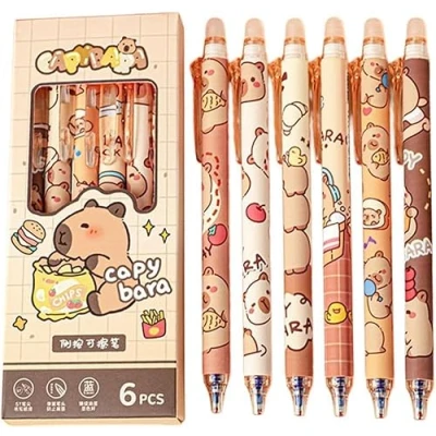 Immagine di SKIPTHYBER Capybara Penne Cancellabili, 6 pezzi Gel Cancellabili Capybara, Blu Penna a Sfera Cancellabile, Punta 0,5 mm, gomma con inchiostro cancellabile per Studenti, Bambini e Adulti