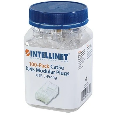 Immagine di Intellinet confezione da 100 Cat5e connettore modulare RJ45 UTP cavo a 3 punti per pieno Contatto spina bicchiere pro 502399