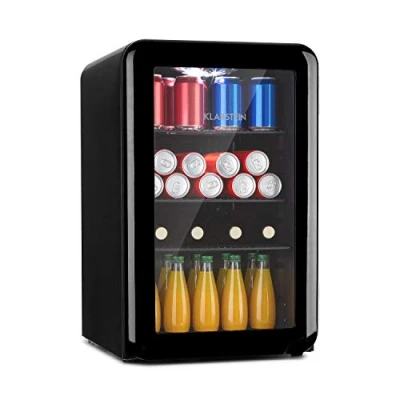 Immagine di frigorifero PopLife di Klarstein mini bar, retrò, 0 10C, solo 39 dB, 70 L, ecologico, porta a doppio vetro, design nero
