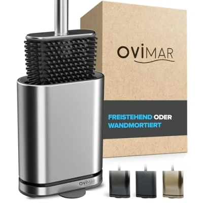 Immagine di ovimar scopino Omofyr argento in silicone con ventilazione acciaio inox vaschetta raccogli gocce rimovibile larghezza solo 6 cm montaggio verticale o a parete bagno