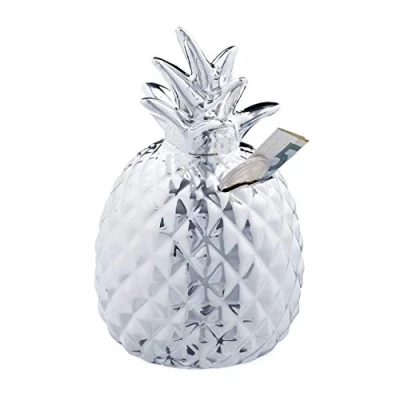Immagine di Relaxdays Salvadanaio a Forma di Ananas, in Ceramica, Cassetta Porta Soldi, con Serratura, 2 Chiavi, HxD: 16 x 9 cm, Argento