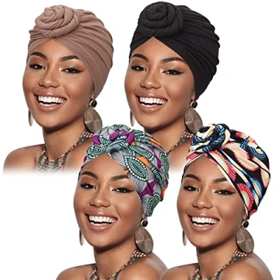 Immagine di DRESHOW 4 Pezzi Donna Africana Turbante Sciarpa Avvolge Testa Boho Elastico annodato Berretto Pre Chemio Cappello