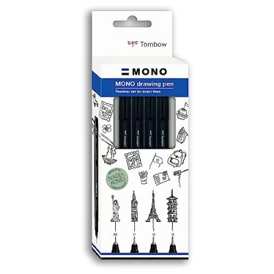 Immagine di Tombow Fineliner MONO Drawing Pen, set Fine, inchiostro pigmentato, resistente all&#039;acqua e alla luce, per schizzi, illustrare disegnare, nero, di 4, WS EFL H F 4P