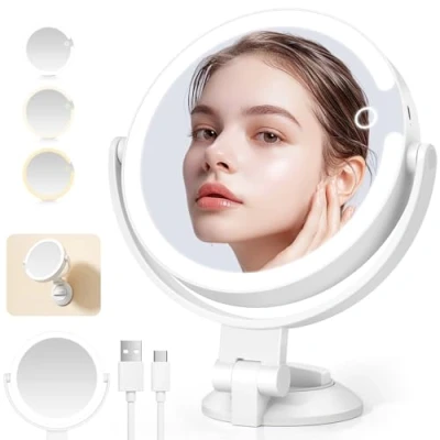 Immagine di NIBSHOOM Specchio Trucco con Luci, LED ingranditore 1x/10x, 3 colori Luci Make up dimmerabile, girevole a 360, doccia ventosa per bagno, 7 pollici
