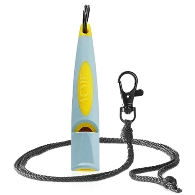 Immagine di ACME Fischietto per cani n. 210,5 (aggiornamento 2023) con nastro pipa in nero opaco Alpha ideale richiamare Ampia portata standard di frequenza (Baby Blue/Yellow)