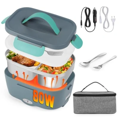 Immagine di Scaldavivande Elettrico Portatile Lunch Box 12V 24V 220 1,5L Contenitore Portavivande con Acciaio Inox Forchetta e Cucchiaio Scaldapranzo per Auto Casa (B)