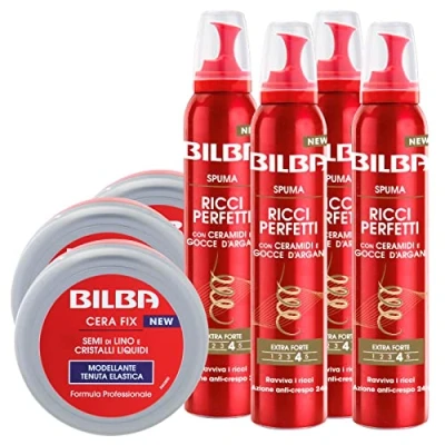 Immagine di 4x Bilba Spuma Ricci Perfetti Ceramidi e Olio di Argan Effetto Anticrespo 4 Flaconi da 200ml ognuno + 3x Cera Fix Modellante Capelli Semi Lino Cristalli Liquidi 3 Barattoli 100ml