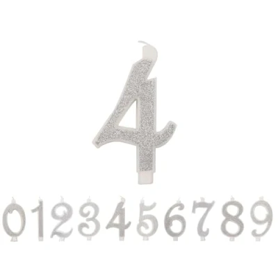 Immagine di Candelina a numero 4 bianca con Glitter Argento 10 cm IDEGOS