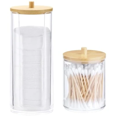 Immagine di Navaris Porta Dischetti Struccanti Cotton Fioc 2x Portadischetti Trucco Lungo Contenitore Batuffoli Cotone Organizer Bagno Trasparente Coperchio Legno Bambù