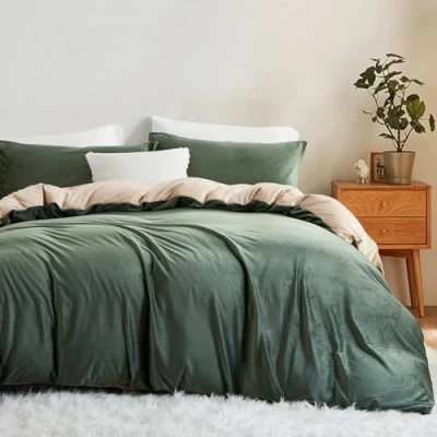 Immagine di Lanqinglv Set di biancheria da letto in flanella, 135 x 200 cm, verde, beige, invernale, con chiusura lampo e 1 federa 80 cm