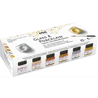 Immagine di KREUL 16603 Glass &amp; Porcelain Classic Set di 6 x 20 ml Paint con 1 pennello Vernice opaca a base d&#039;acqua dall&#039;aspetto metallico lucido