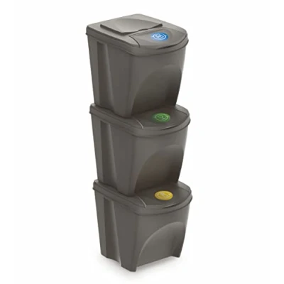Immagine di Sortibox Pattumiera con coperchio, 25 l, set da 3 pezzi, grigio pietra, impilabile, sistema di separazione dei rifiuti, separatore per impilabile patta