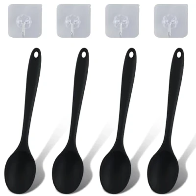 Immagine di Set di 4 cucchiai in silicone con piccolo gancio, cucchiaio antiaderente, da cucina manico lungo, per cucinare, mescolare, cuocere al forno (nero)