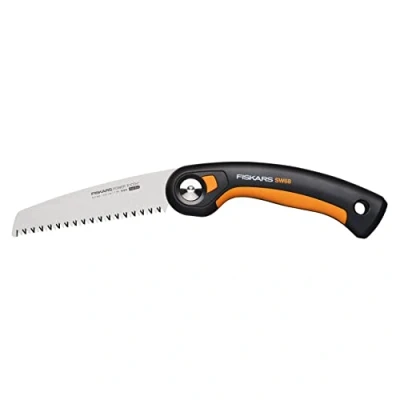 Immagine di Fiskars Seghetto a Serramanico Plus, Per Rami e Tronchi Spessi, 3 Posizioni di Taglio, Lama Affilata Power Tooth, Denti Grossi, Lunghezza della Lama: 15 cm, Nero/Arancione, SW68, 1067552