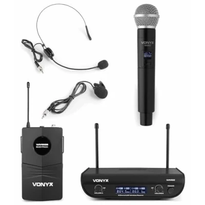 Immagine di Vonyx WM82C Digital Sistema Radiomicrofono UHF, 2 Canali, 1x Microfono Headset &amp; Trasmettitore Tascabile/1 x a Mano, Fino 50 m di Copertura, Valigia Trasporto