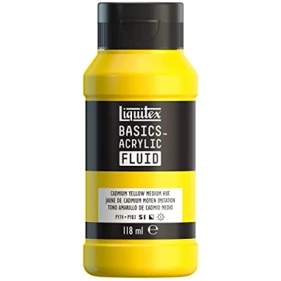 Immagine di LIQUITEX 8870382 Basics Fluid, pitura acrilica Di consistenza fluida, asciugatura rapida, resistente alla luce, impermeabile, a base d&#039;acqua, flacone da 118 ml, Giallo Cadmio Medio Tonalità