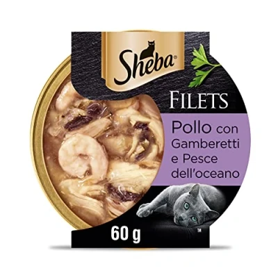 Immagine di Sheba Filets Cibo Umido per gatti con Pollo e Gamberetti, 32 vaschette da 60g ognuna, Totale 1920g