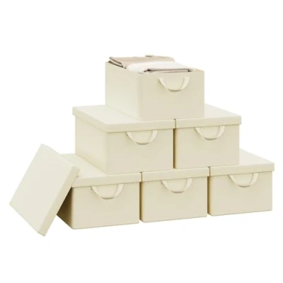 Immagine di WOLTU Scatola Portaoggetti Pieghevole, Set di 6 Ceste in Tessuto, Cubo con Coperchio e Maniglie, per Vestiti, Libri Giocattoli, Crema, 48x20x29 cm