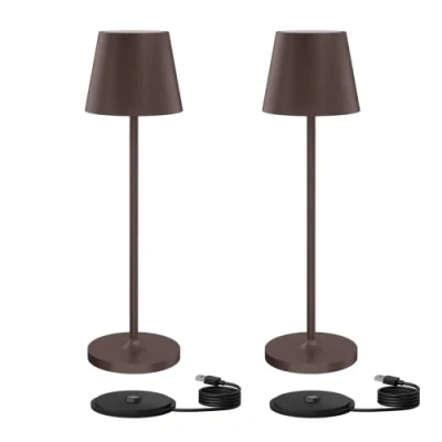 Immagine di Klighten 2 Pezzi LED Lampada Dimmerabile da tavolo senza fil, Ricaricabile Scrivania Interni/Esterni in Alluminio con Base di Ricarica Contatt, Colore Ruggine, Luce calda 3000K, IP54