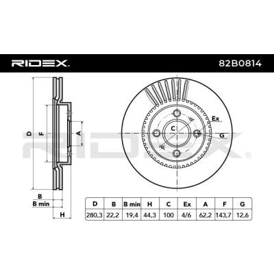 Immagine di RIDEX 82B0814 Disco freno Assale anteriore 280, 280,0 22 4 100 ventilazione interna KIA: Rio 3, Stonic Hatchback, 4, HYUNDAI: i20 II Hatchback