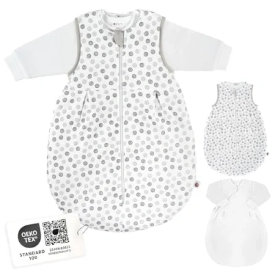 Immagine di Coconette sacco nanna 4 stagioni, 2 pezzi, con maniche lunghe, 100% cotone, per neonato taglia 50/56 0 3 mesi bianco grigio