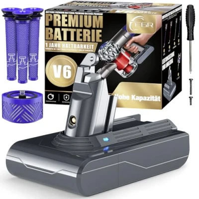 Immagine di EGR V6 Batteria 6200mAh Compatibile con Dyson Fluffy Absolute Motorhead Aspirapolvere di Ricambio Alta Qualità DC58 DC59 DC61 DC62 DC72 DC74 3 Filtri (Non Adatto V7, V8)