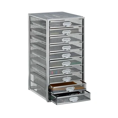 Immagine di Relaxdays Cassettiera da Scrivania, 10 Cassetti, Formato DIN A4, Porta Documenti, Box per Lettere e Corrispondenza, Argento, 55 x 27,5 35,5 cm