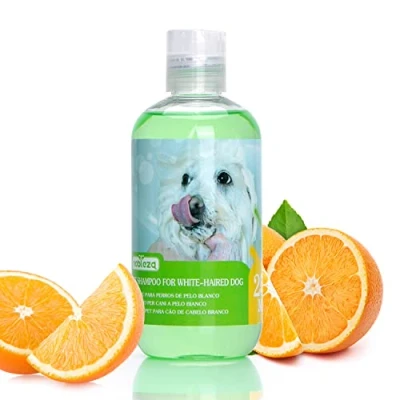 Immagine di Nobleza Shampoo Cani Bianchi, per Pelo Bianco eliminare Macchie in Modo Sicuro, No Candeggina o Perossido, Maltese, Bichon e Schnauzer Fragranza Arancio 250ml