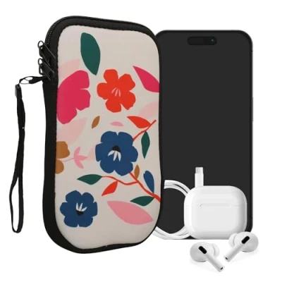 Immagine di kwmobile Custodia in neoprene con zip per smartphone XXL 7&quot; Astuccio portacellulare a sacchetto cerniera Borsa verticale Fiori Colorati fucsia/blu scuro/crema
