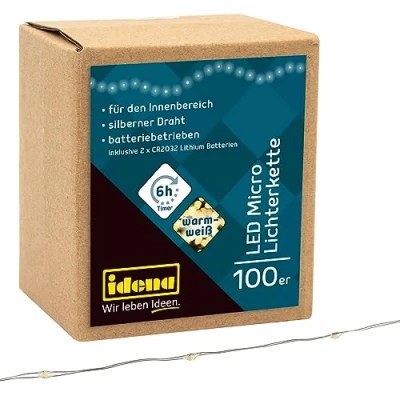 Immagine di Idena 30185 Micro catena luminosa a LED con 100 in bianco caldo, funzione timer 6 ore, batteria, lunga circa 10,2 m, per feste, Natale, decorazione, matrimonio, come luce d&#039;atmosfera